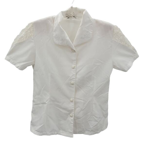 Vintage White Lace‎ Cut Out Short Sleeve Embroidered Collar Button Down Blouse - Picture 1 of 14